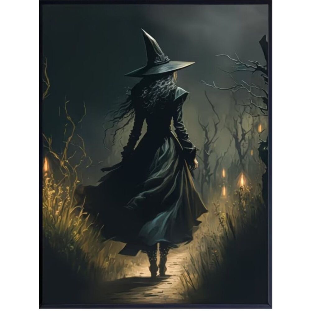 Unframed Canvas Print Witch on Candle Lit Forest Path Dark Academia Gothic
